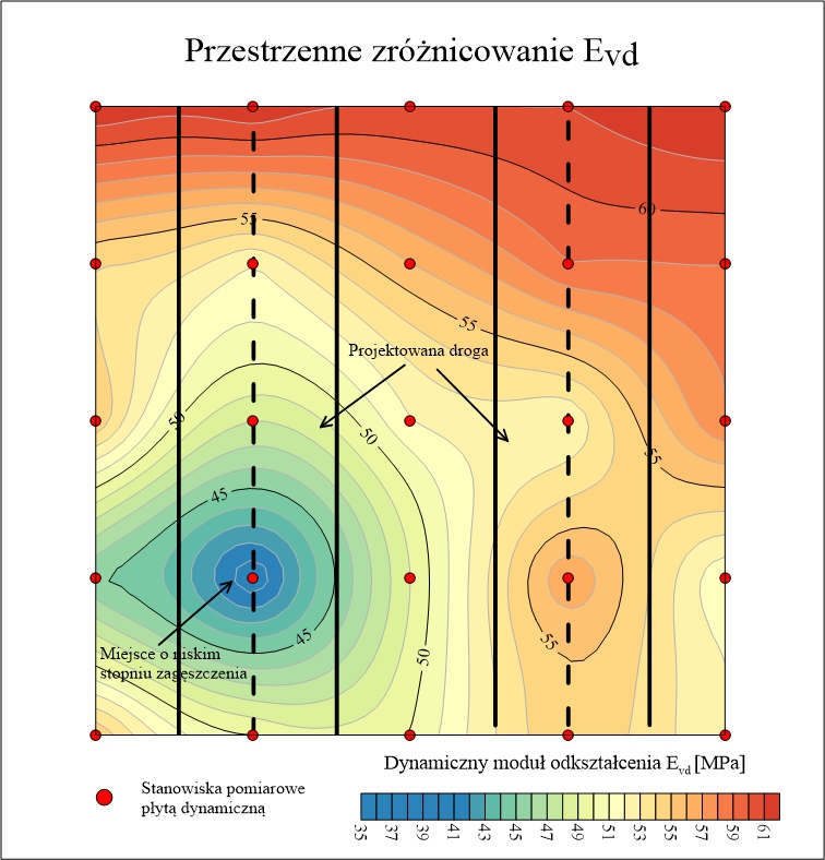 Wskazania graficzne dynamicznego modułu odkształcenia Evd podczas badania gruntu lekką płytą dynamiczną